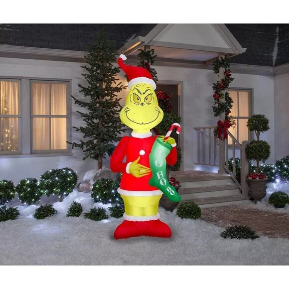 Gemmy 6.5\' The Grinch Santa Suit Christmas Stocking Dr. Seuss Air Inflatable